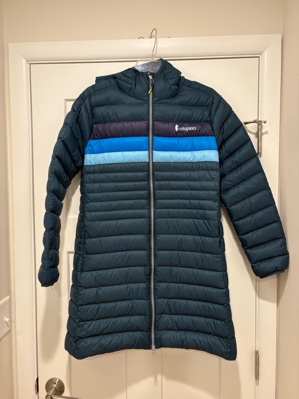 Cotopaxi Fuego Long Down Parka in Teal with Blue Stripes